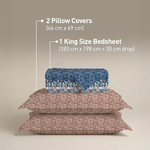 Image of MYTRIDENT Soft Comfort Bedsheet for Double Bed King Size | 182 cm x 198 cm + 30 cm | 200 TC, Sateen Weave, 100% Cotton, Elastic fittedsheet with 2 Pillow Covers and Breathable - Deco Dusk