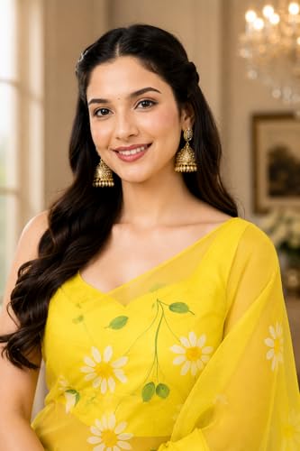 Jogal Women's Yellow Floral Organza Saree - Image 4