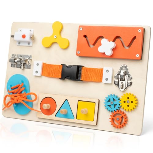 Image of KDSFT Montessori Busy Board for Toddlers, 9-in-1 Wooden Sensory Toys for Fine Motor Skills, Educational Activity Board for Preschool Learning, Travel Toys Gift for Boys Girls 3 4 5