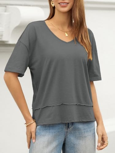 Image of UNCLECAT Womens V Neck T Shirts Summer Trendy Loose Fit Casual Tops Tees
