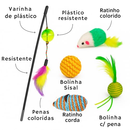 Brinquedos para Gatos, Combo com 5 Peças Interativo Alivia Estresse e Ansiedade, 1 Varinha e mais 4