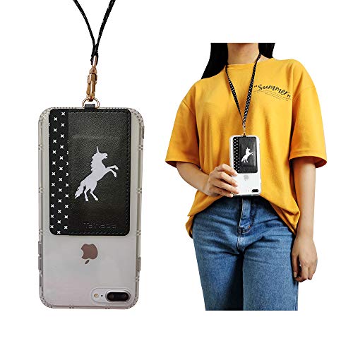 Image of Tainada Stick On Wallet with Detachable Neck Lanyard, Adhesive ID Credit Card Cash Holder with Faux Leather Animal Silhouette Compatible with Most Cell Phones + One Cord Wrapper (Black Unicorn)