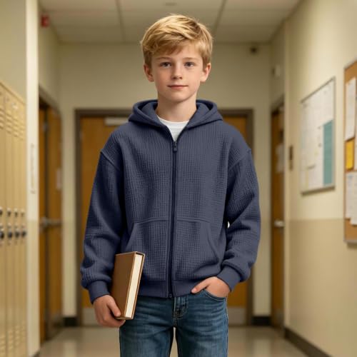 Boys Zip Up Hoodie Waffle Knit Kids Sweatshirt Jacket with Hood Size 8-10 - image 5