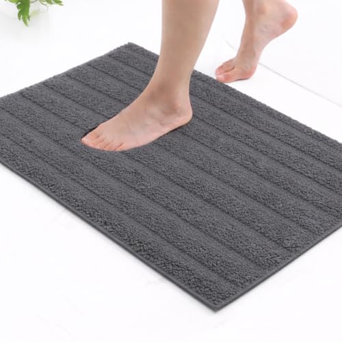 Image of Premium Combed Cotton Tufted Bathmat 45 x 65 cm, 1800 GSM Soft Absorbent Anti Skid Bathroom Floor Mat with Latex Backing, Quick Dry Non Slip Bath Rug for Shower & Daily Use, Stripes Grey