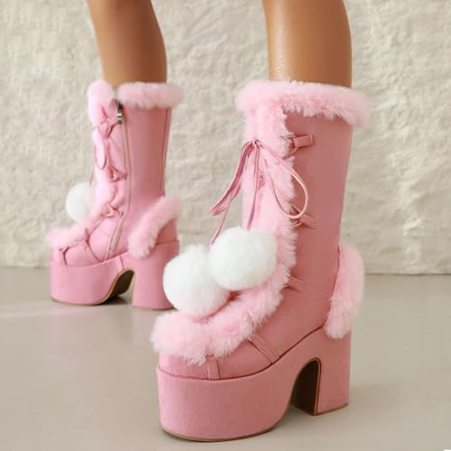 Platform Boots for Women Chunky Heel Platform Fur Boots Lace Up3