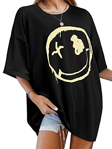 WLLW Oversized Graphic Tshirts for Women Drop Shoulder Crewneck Short Sleeve Summer Loose Graphic Tees Tops