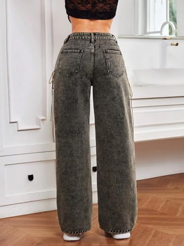 jeans for women trendy Hollow Out Solid Color Wide Leg Jeans With Pockets, Casual3