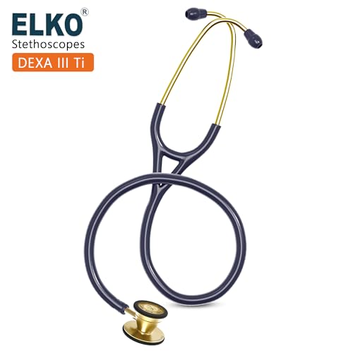 Image of ELKO DEXA III Ti Golden Edition Titanium Stethoscope with ENGRAVING | Engrave Your Name or Initials on the Chest Piece | Lightweight Double-Sided Titanium Chest piece | Two-Way PVC Tubing | Ideal for Doctors & Medical Students (BLUE)