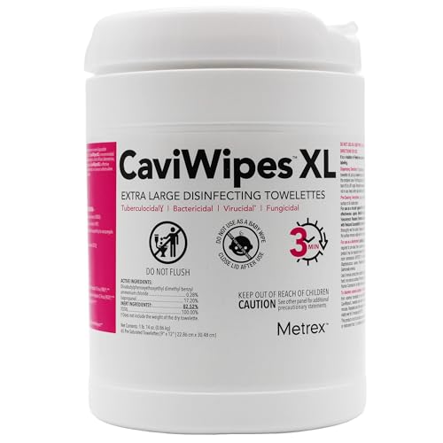 Metrex CaviWipes1 XL Surface Disinfectant Towelettes Durable Non-Woven Disinfecting Wipes for Hard Non-Porous Surfaces Pre-Saturated with CaviCide1 9 x 12 65 Wipes per Canister (Pack of 1)