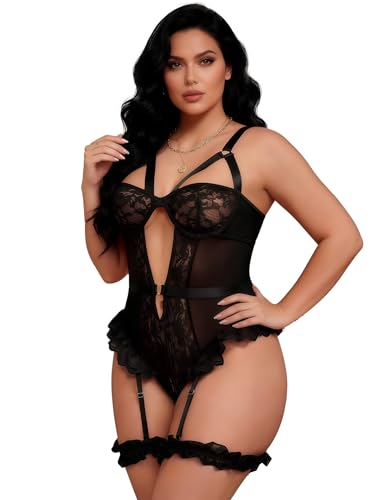 ohyeahlady Grande Taille Lingerie Femme Dentelle Sexy Ensemble Body Porte Jarretelles Complet...