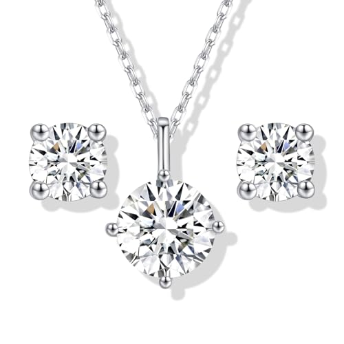SugarTang Moissanite Necklace and Earring Sets for Women | White Gold Plated/S925 Sterling Silver Diamond Jewelry Sets for Women | 1CT Diamond Pendant Jewelry Set for Mom (White Gold White)