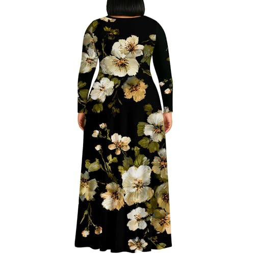 Image of PinkPatty Plus Size Maxi Dress for Curvy Women Crew Neck Long Sleeves Casual Dress Vacation Sundresses with Pockets