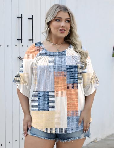Image of Micoson Womens Plus Size Tops 3 /4 Ruffle Sleeve Crewneck Pleated Shirts