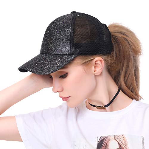 Lvaiz Womens Glitter Ponytail Plain Baseball Cap Messy High Buns Mesh Trucker Sparkly Ponycaps for Girls, Variy Styles and Colors