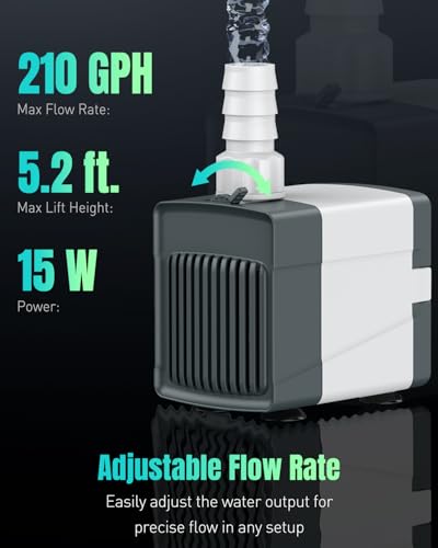 Image of Pawfly 210 GPH Fountain Pump, 15 W Submersible Water Pump with 5.2 ft. High Lift and 4 Nozzles, Quiet Water Fountain Pump for Aquarium Fish Tank Waterfall Pond & Hydroponics