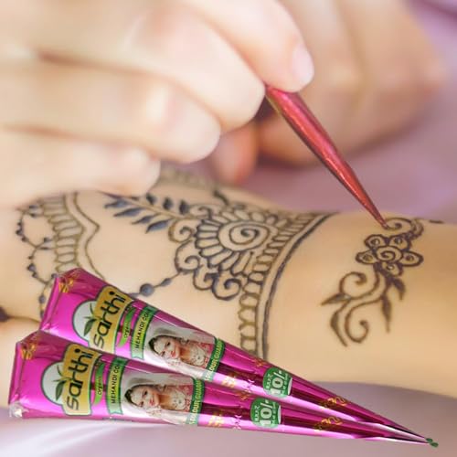 Sarthi 100% Natürliche Henna 3x Paste Cones (Rot-Braun) 125 g - Keine Mischung, Kein PPD - Hautfreundlich & Sicher - Perfekt für Körperkunst & Traditionelle Designs
