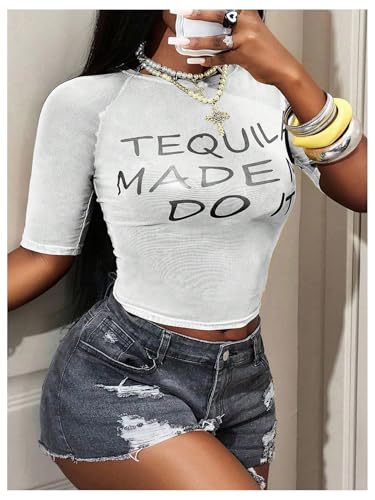 Image of RoseSeek Women's Sheer Mesh Letter Graphic Tees Short Sleeve Crew Neck Y2K Vintage Summer Going Out Crop Tops