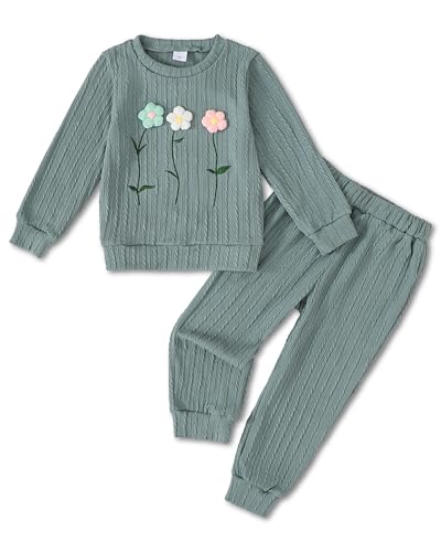 Jecson Toddler Girl Fall Clothes: Soft Outfits Sets Flower Embroidered Knit Sweatshirt & Solid Sweatpants Cute Winter Home & Out 2Pcs 6-7 Years Green