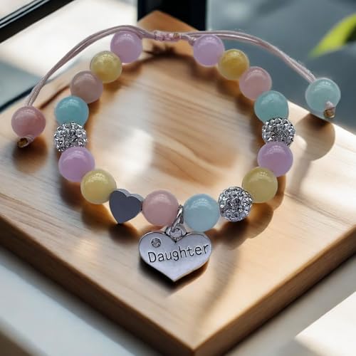 Image of DOLON Handmade Crystal Beaded Heart Charm Bracelet for Daughter Adjustable Birthday Christmas Jewelry Gift from Mom Dad