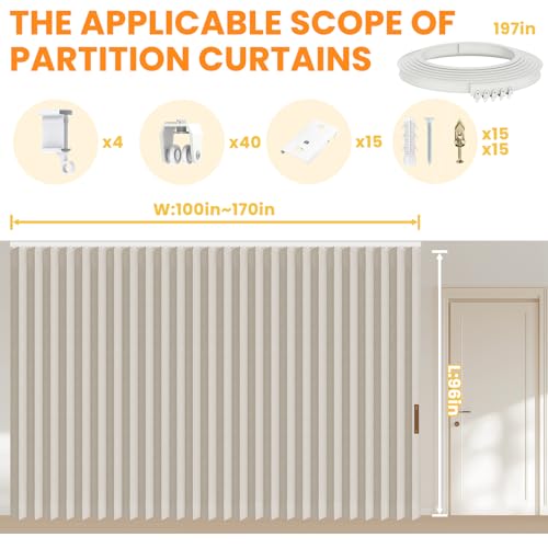 Image of Room Divider Curtain Sets with Flexible Ceiling Track, Privacy Soundproof Curtain for Bedroom Office Patio Sliding Door(Cream White, W180 x L96, 1 Pack)