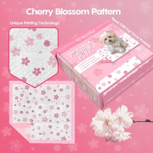 Image of Cibaabo Pink Puppy Pads with Adhesive Tabs 22x22in 50 Count Absorbent | Cute Cherry Blossom Design | Dog Potty Training Pee Pads | Leak-Proof | Quiky-Dry | for Puppies, Small Dogs, Cats, Rabbits