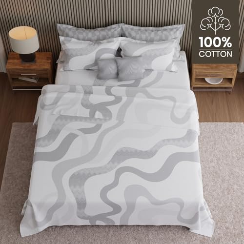 Image of BOUTIQUE LIVING Luxe Loom Weavers Gallore 100% Cotton 600 TC Grey & White Abstract /Solid King Bedsheet Set