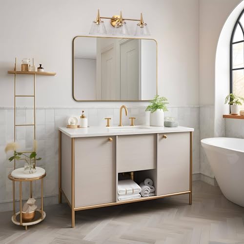 Image of KSANA Gold Bathroom Light Fixtures, 22.5'' Modern Plating Brass Vanity Lights with Seeded Glass Shade, 3-Light Copper Bathroom Lighting Over Mirror