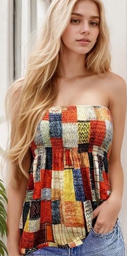 Patchwork Print Tube Tops Women Elastic Trim Strapless Vintage Blouse Multicolour Off The Shoulder Tee2
