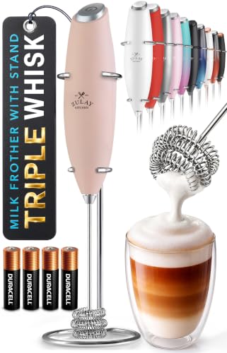Image of Zulay Kitchen Powerful Milk Frother Wand With Duracell Batteries - Ultra Fast Handheld Drink Mixer - Electric Whisk Foam Maker for Coffee, Lattes, Cappuccino & Matcha - Triple Whisk - Peach Pink