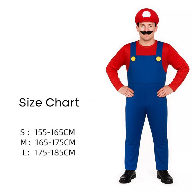 Komonee M Halloween Fancy Dress Up Mens Adults Outfit Hat Red Blue Plumber Overalls Costume Halloween Retro Classic Video Game Gamer Cosplay Small - Image 3