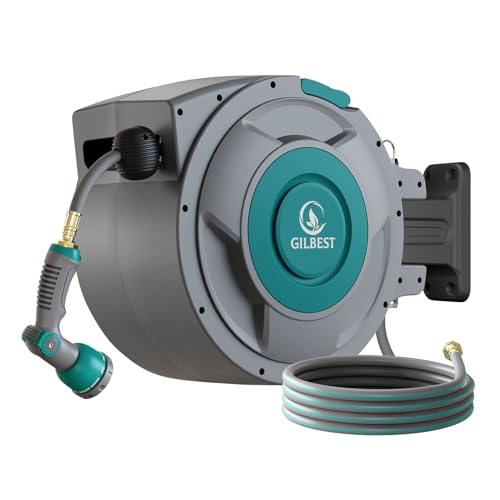 Image of 5 /8 inch x 100 ft Retractable Garden Hose Reel, Heavy Duty Water Hose Reel Wall Mounted, Any Length Lock, 180Swivel, Retractable Hose with 10-Function Nozzle for Cleaning, Watering (Green)