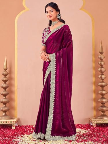 Image of SIRIL Women's Tissue Silk Sequins Embroidery Saree with Unstitched Blouse Piece