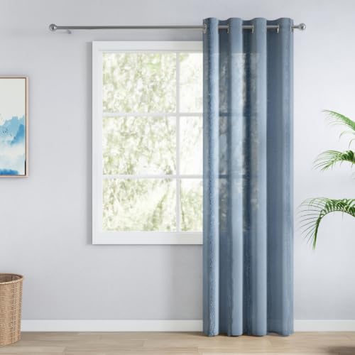 Image of haus & kinder Decorative Sheer Door Curtain 7 Feet Pack of 1 | Aesthetic Decor Long Curtain Feather Fringe Blue 120 x 213 cm