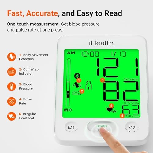 Image of iHealth Accu Luminate Blood Pressure Monitor - 4.5 inch Tri-Color WHO-Based LCD(White), Clinically Accurate, Irregular Heartbeat Alert, Body & Cuff Detection, Bluetooth Cloud Sync, Large 8.6 inch-17 inch Cuff