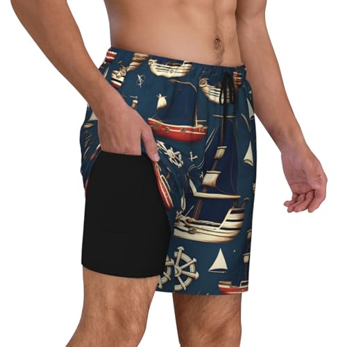 Sailing Pirate Theme Built-in Compression Lining Men's Double Swim Trunks Shorts Beach Shorts with Two Pockets3