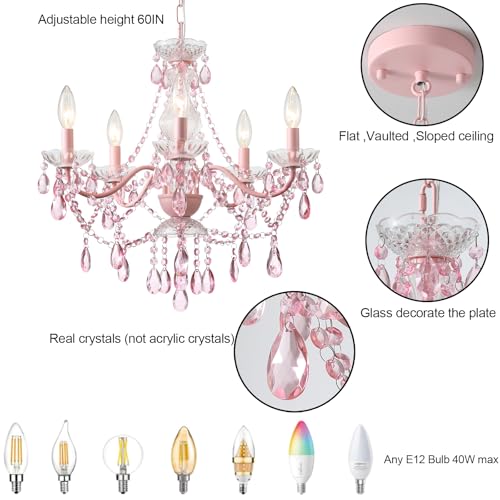 AMZASA Modern Crystal Pink Chandelier, Not Acrylic Crystal,Pink Crystals Hanging Pendant Light for Girls Room,Ceiling Medallions, Farmhouse Glass Chandelier for Wedding, Kitchen, Dining,Foyer,Island - Image 3