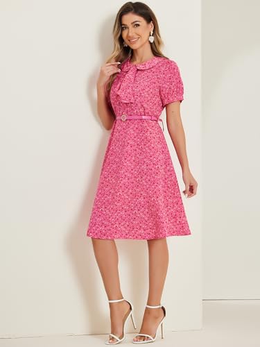 Image of Allegra K Women's Peter Pan Collar Tie Neck Short Sleeves A-Line Elegant Belted Vintage Floral Dress
