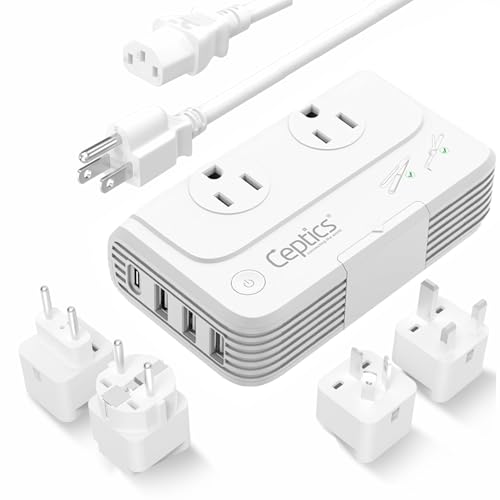 Image of Ceptics 200W Voltage Converter - 220V to 110V Converter for Curling Iron & Straightener, Step Down Converter with USB-C PD 18W, Type C E /F G I Plugs