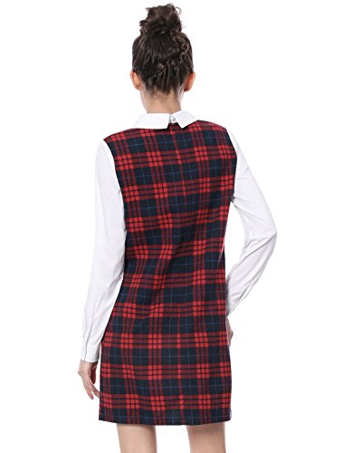 Allegra K Women's Contrast Peter Pan Collar Long Sleeve Shift Plaid Dress Red S (US 6)