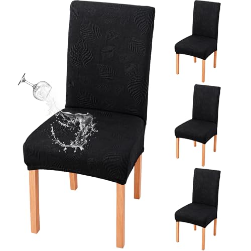Image of Genina Waterproof Dining Chair Cover Set of 4,Kitchen Chair Cover,Black | Stretch Dining Room Chair Slipcovers with Leaf Jacquard,Removable Kitchen Chair Protector for Home,Restaurant,Banquet