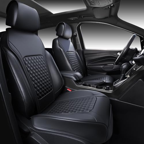 Image of 2Pack Front Car Seat Covers Leather Memory Foam Water Proof Seat Protector Universal Fit for Cars SUVs Trucks Most Vehicles, 3D Foam Rhombus Sideless, Airbag Compatible Non-Slip, 2 Pcs Black