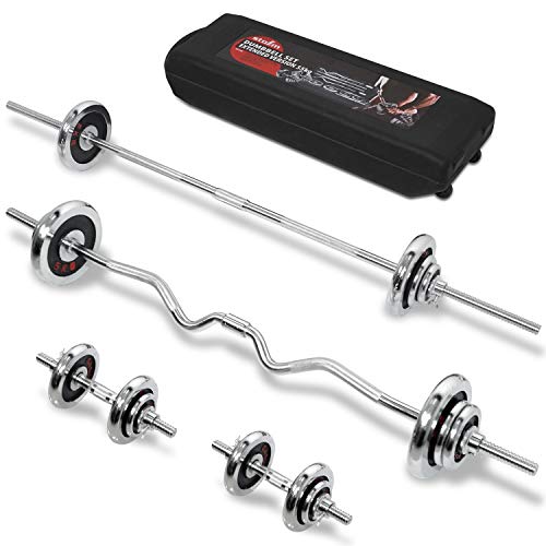 STOZM Dumbbell Set 121lbs Chrome Coated with Carry Case â€“ Versatile Chrome Dumbbell Set with Straight Barbell, Curl Barbell, 2 Connectors, 20 Weight Plates, 2 Dumbbell Handles & 8 Collars