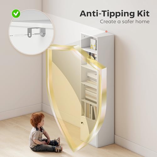 HOMCOM Tall Bookcase, 6-Tier Narrow Bookshelf with 3 Adjustable Shelves and Cupboard, Modern Freestanding Shelving Unit for Living Room, Home Office, White - Image 4