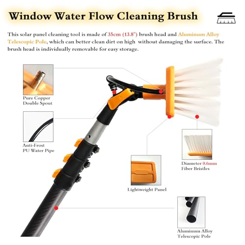 Kit de cepillo de limpieza de ventanas telescópicas, poste de la agua de la cabeza giratoria de 14 pulgadas, mango extensible de 3.6-9 pies con sistema de pulverización para paneles solares, ventanas