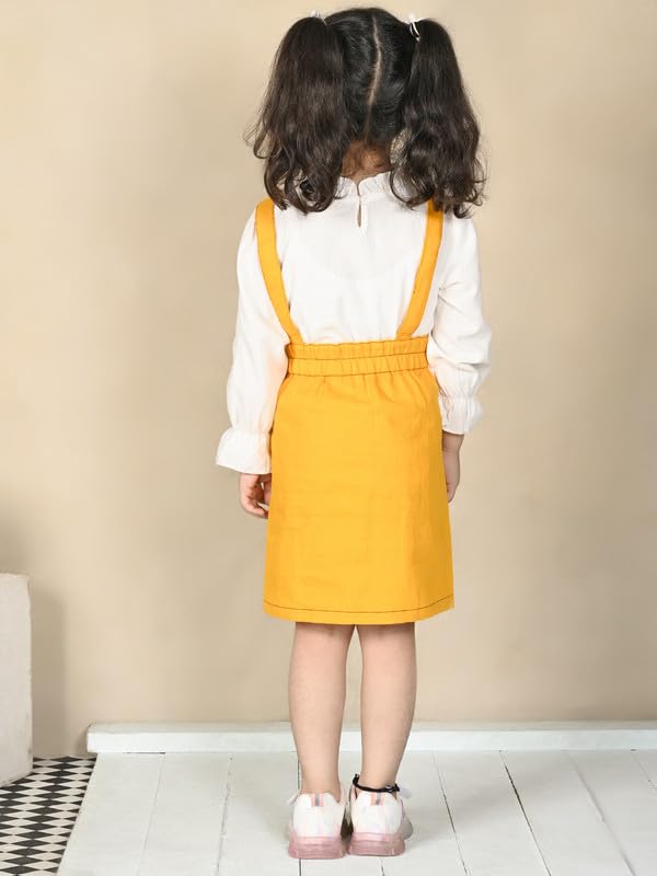 Image of superminis Girls Twill Denim Solid Color Dungree /Dress With Embroidered Pocket (1 Dress,1 Tee)