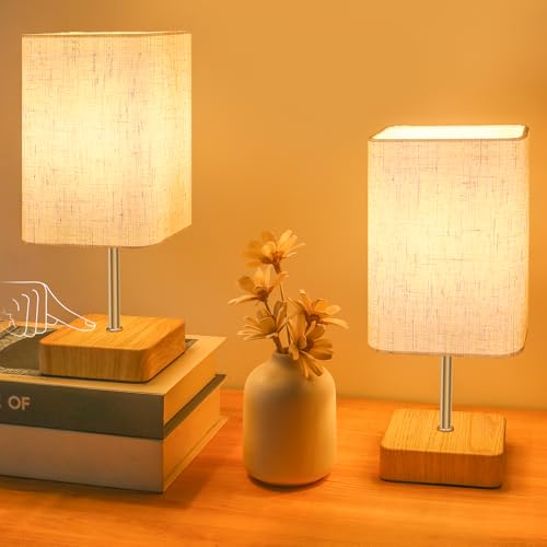 Jayencer Lámparas de Mesita de Noche Táctil Regulable, Lámpara Táctil con 3 Niveles de Brillo, Pantalla de Tela de Lino Beige, Pequeña Lámpara de Noche para Dormitorio, Salón (2 pieza)