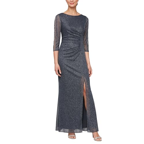Image of S.L. Fashions Women's Long Length Ruched Waist Formal Evening Dress with Beaded Illusion Sleeves (Petite and Regular Sizes)