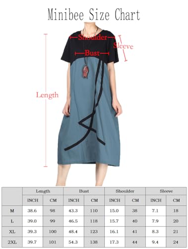 Minibee Women\'s Linen Casual Dress Summer Short Sleeve Midi A-line Boho Tunic Dresses with Pockets Blue L