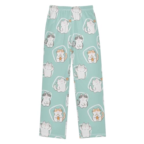 Cartoon Cat Light Green Boys Pants for Kids Jogger Pants with Pockets S-XL