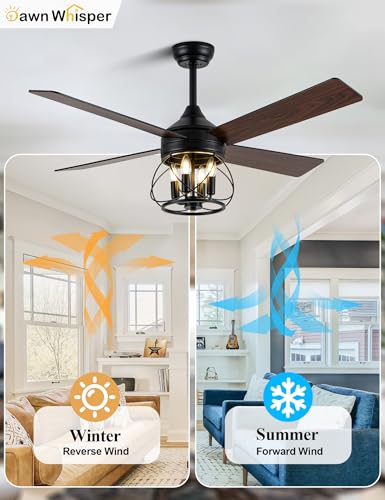 Image of Dawn Whisper 52 Inch Rustic Farmhouse Ceiling Fans with Lights and Remote Quiet and Reversible DC Motor Black Industrial Caged Ceiling Fan for Bedroom Living Room